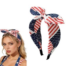 Flag Bow Headband, 4th of July Patriotic Retro Knotted Headbands Retro Blue-04