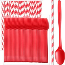 Party Plastic Spoons Paper Straws 200 Pcs for Ice Beverages Stirring