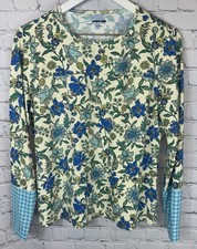 LANDS' END Women's Large/14-16 Blue Floral Gingham Cuff Rash Guard Sun Protect