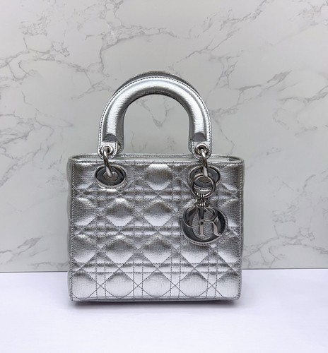 AUTH Dior Mini Lady Dior Silver Metallic Calf Leather Crystal Cannage Crossbody