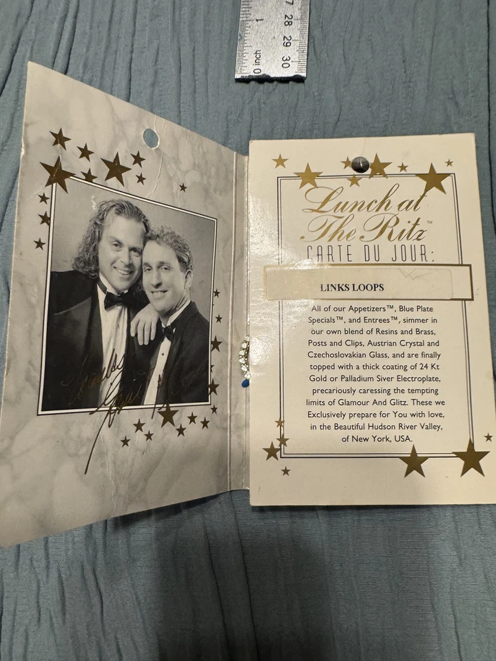 Vintage Lunch At The Ritz Links Loops Earrings Golf Bag Clip On USA Crystal Gift - Image 3 of 4