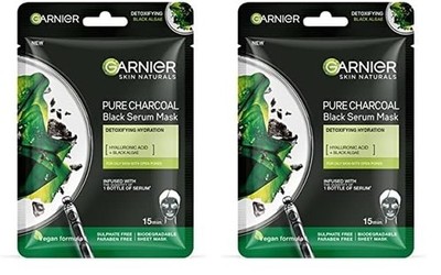 Garnier Skin Naturals Face Mask Black Serum Mask Pure Charcoal,  pack of 2