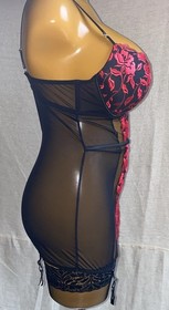 Ann Summers THE HERO Cami Suspender, Black Sheer Mesh Red Embroidered, UK 16 B-C