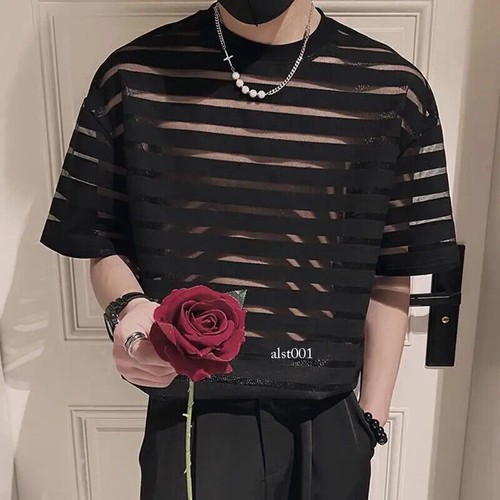 Hombres Camiseta Malla Rayas Cuello en O Manga Corta Transparente Hombres Ropa Ropa Ropa de Calle - Imagen 3 de 26