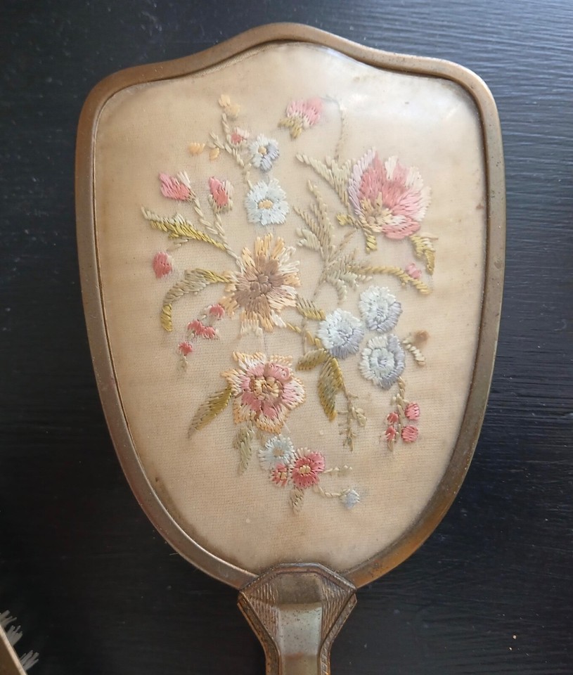 Vintage 3 Piece Ladies Dressing Table Set Embroidered Flower Backs eBay