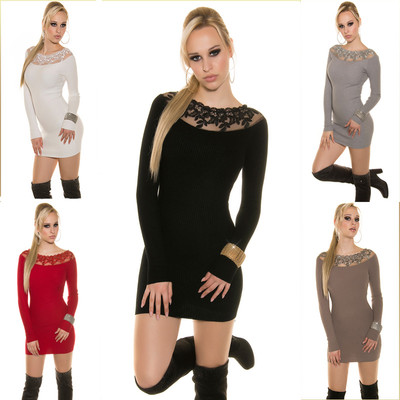 SEXY Trendy Koucla Strick- Kleid mit Spitze Pullover Pulli Strick Strickkleid 