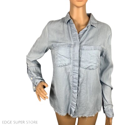 Threads & Supply Denim Look Button Up Pocket Unfinished Hem Distressed Top Sz XS
