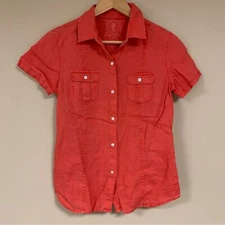 TOMMY BAHAMA Linen Shirt Womens XS Salmon Orange Button Down Short Sleeve Resort