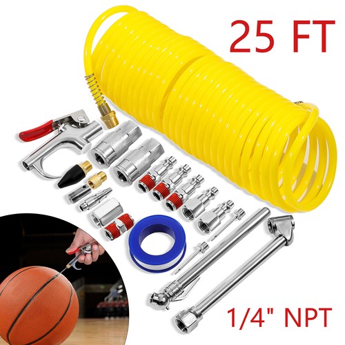 Kit Accessoires Compresseur 20 Pièces - Tuyau 25ft Recoil + Pistols + Raccords 1/4 NPT