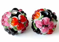 10pcs handmade Lampwork glass round Beads black red flower 15mm