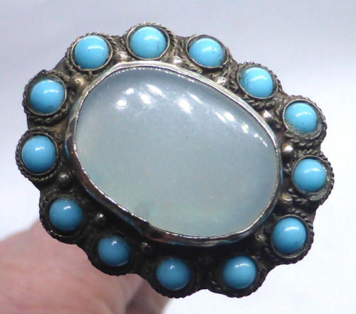 VERY LONG ANTIQUE 900 SILVER CHALCEDONY FAUX TURQUOISE HATPIN - Photo 1/11