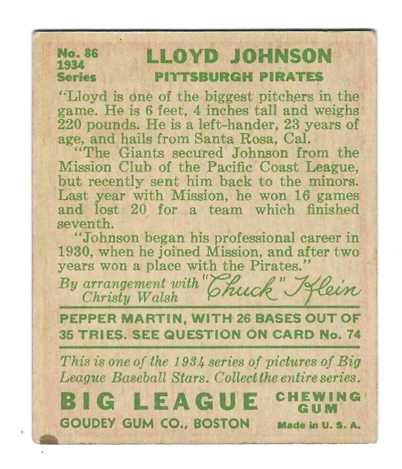VINTAGE 1934 GOUDEY HIGH #86 LLOYD JOHNSON PITTSBURGH PIRATES NICE CARD - Image 2 of 2