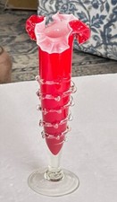 Stevens & Williams Red White Cased Glass Ruffled Top Vase Applied Swirl