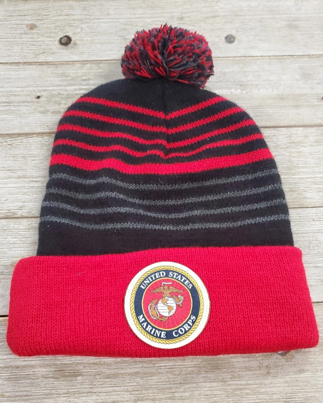 Mens USMC Striped Beanie With Pompom One Size