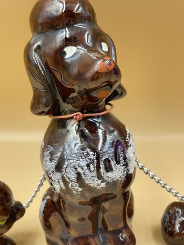 Keramik brauner Pudel Hund und 2 Welpen an Kette Figuren kitschig 5”/2” - Bild 2 von 9