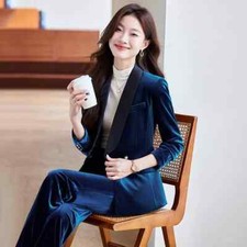 Tailleur Completo Ufficio Donna Outfit Giacca Blazer Blu Navy Velluto Set 33211