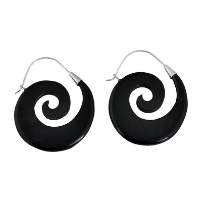 Artisan Crafted Sterling Silver Ebony Wood Spiral Hoop Jewelry Earrings