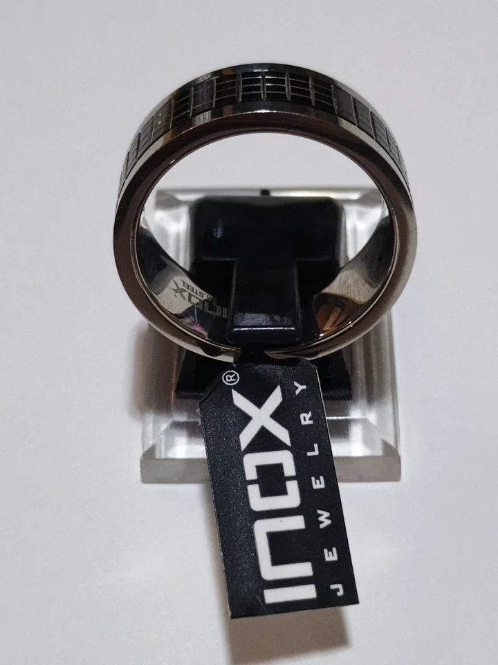 Silver  INOX Stainless Steel 316L  Ring Band – Black Square Design, Size 12 - Image 2 of 4