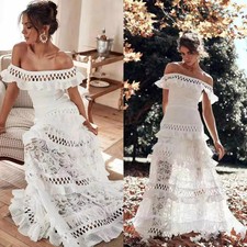 Boho Beach Wedding Dresses Off Shoulder Tiered Ruffle Lace Applique Bridal Gowns