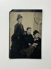 Antique Tintype 3 Women Victorian Portrait Fancy Hats 1/6 Plate