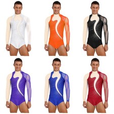 Men Bodysuit Buttons Dancewear Leotard Jumpsuit Competitions Figure Skating