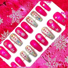 Handmade Custom Press On Nails  Medium Length Coffin Pink & Silver Winter Nails