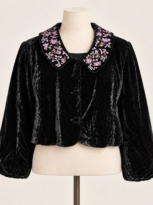 Lane Bryant Black Blazer with Pink Floral Embroidery Accents Rayon Silk VTG Y2K