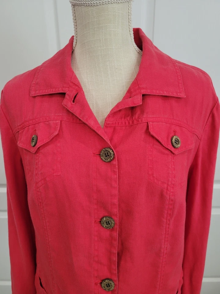 Chaqueta CHICOS Lino Puro Talla 1/Mediana Roja Camionero Manga Larga Abotonada 4 Bolsillos Foto 3 de 4