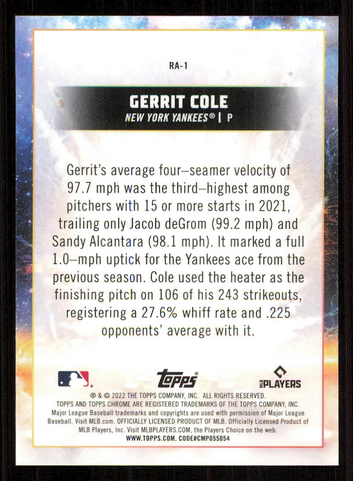 2022 Topps Cosmic Chrome Rocket Arms #RA1 Gerrit Cole - Image 2 of 2