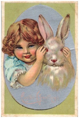 Vintage Victorian Postcard 1913 Easter Greetings - Little Girl with Easter Bunny