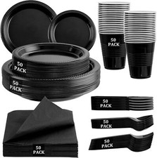350PCS Black Disposable Plates, Black Party Supplies Includes Plates Silverware