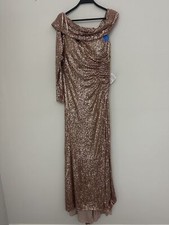 NWT Ieena Mac Duggal Bronze Sequin Draped Neckline Sheath Dress 26571 Size 12
