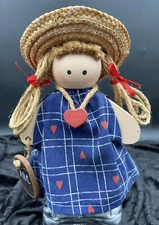 Handmade Primitive-style Wooden Doll, Schoolgirl with Chalkboard & Hearts