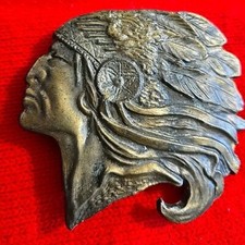 Vtg Native American Chief Brass Belt Buckle