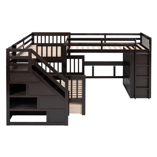 Twin-Twin over Full L-Shaped Bunk Bed Frame W/ 3 Drawers/ Desk/Wardrobe Espresso - Picture 6 of 23