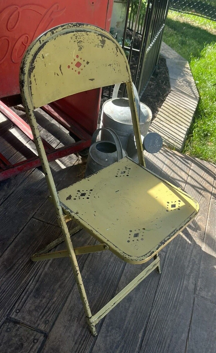 Vintage heavy metal yellow Folding Chair with unique Cut Out design pattern
