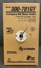 STEREN 1000 FT. Cat5e 4 Pair 24AWG UTP CMR Riser-Rated Cable SOLID COPPER (Grey)
