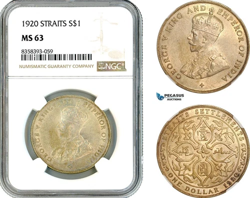 AK510, Straits Settlements, George V, 1 Dollar 1920, Bombay, Silver, NGC MS63