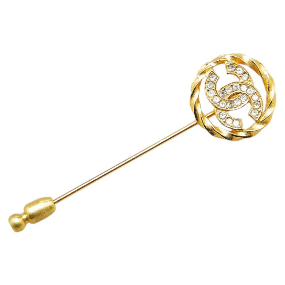 CHANEL CC Logo Rhinestone Round Twist Brooch Gold Tone Pin