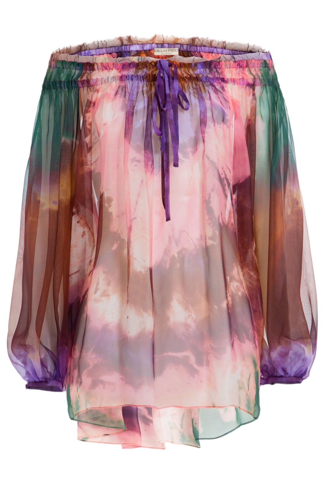 EMILIO PUCCI Printed Off the Shoulder Silk Chiffon Blouse 44 IT, 8 U.S, 12 U.K