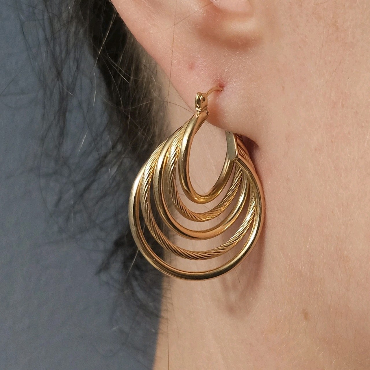 14K Solid Yellow Gold Multi-Layer Hoop Earrings E… - image 1