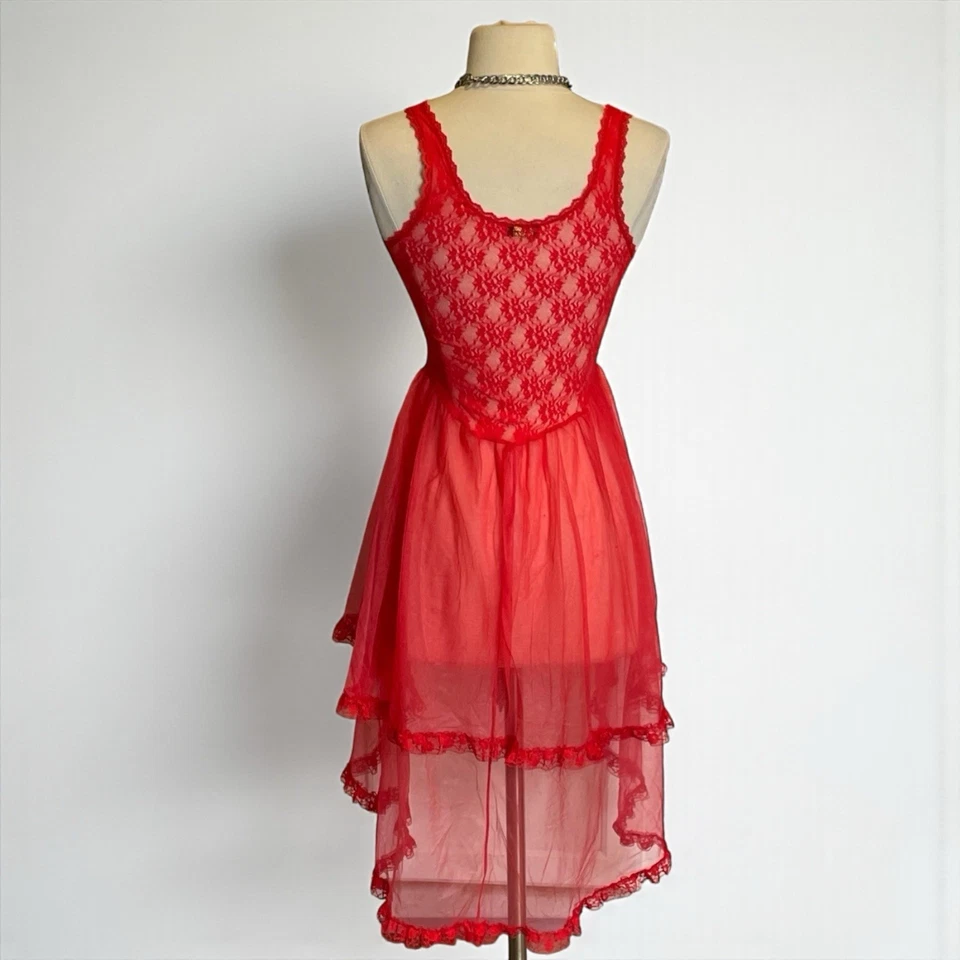 Vestido Corsé Asimétrico Babydoll Encaje Rojo Vintage Transparente Romántico Gótico pequeño Foto 4 de 4