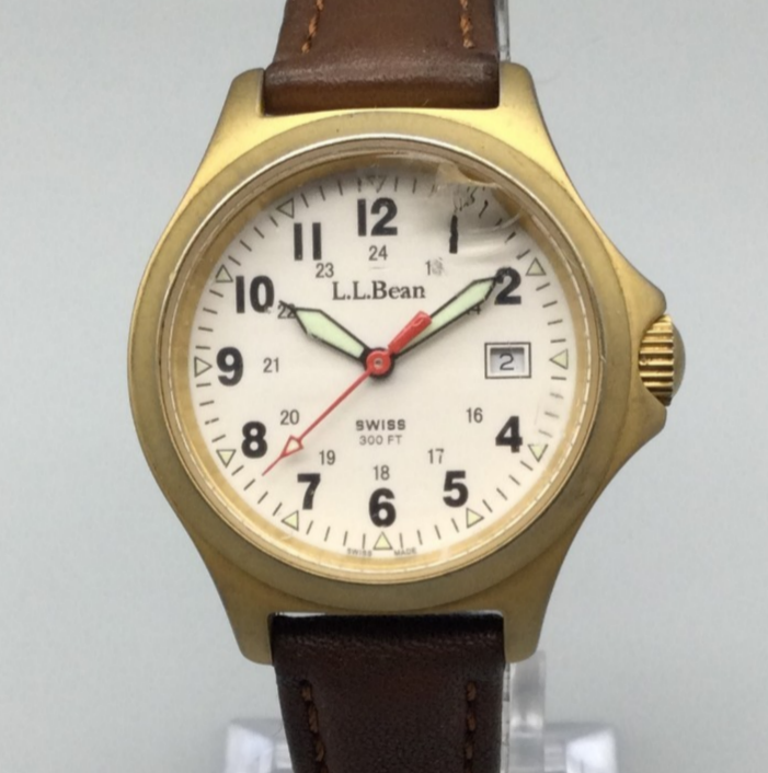 L.L. Bean Watch Women 30mm Gold Tone Swiss Made Leather BROKEN FOR