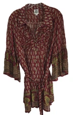 Ivy Jane Top Tunic Sheer Flare Sleeve Belted Floral Red Rayon - Women Size XL