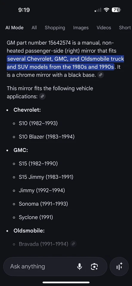 New OEM 15642574 GM Chrome RH Door Mirror Fits Many 82-94 Chevy GMC Olds S-10 - Image 2 of 4