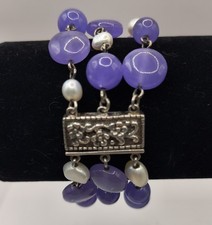 Bracelet Sterling Silver Three Strand Natural Purple Lavender Jade, and Pearls