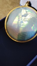 Egyptian Round Iridescent Glass Pendant Necklace Gold Tone Metal