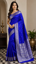 Royal Blue Satin Silk Saree, Silver Zari Woven Banarasi, Wedding Festive Wear