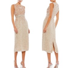 Mac Duggal Gold Taupe Sequin Midi Sheath Dress Womens 8 Formal Holiday Gala **