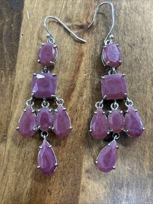 Sterling Silber Oval/Quadrat/Tränen Rubin Hänger Chandelier Ohrringe 13,65 G